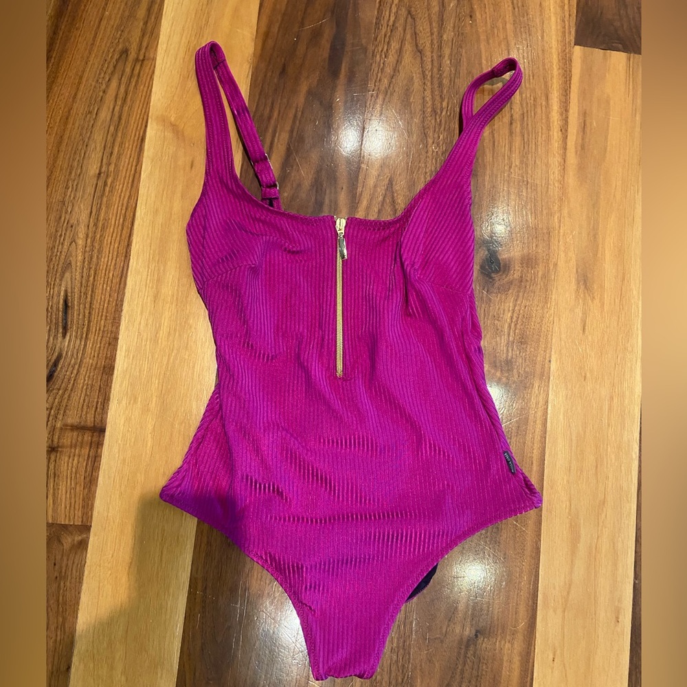 Vibrant Magenta One Piece Swimsuit with Gold Zipper
